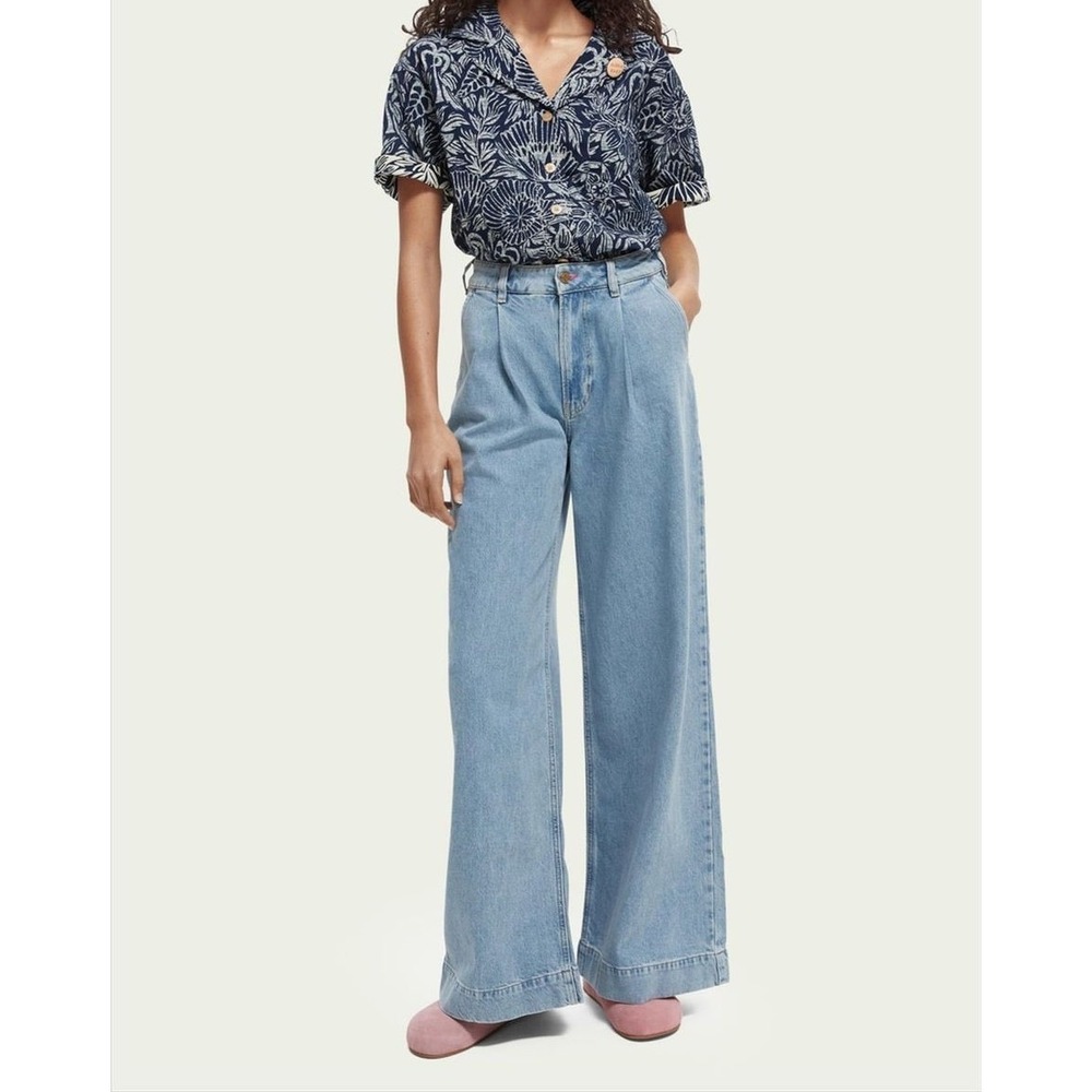 Scotch & Soda The Shore Jeans Women 25 Light Blue Wide Leg Pleated High Trouser‎
